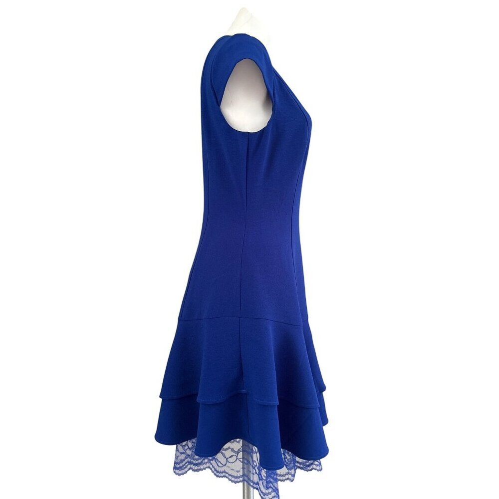 Eliza J NWT $138 Crepe Ruffle Lace Hem Sheath Dress, Blue Women's Size 10 - Picture 4 of 9